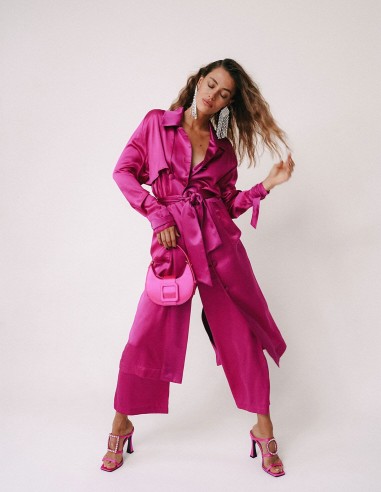 CYRILLE - Trenchcoat manches resserrées en satin de soie Fuchsia Dans la société mordern