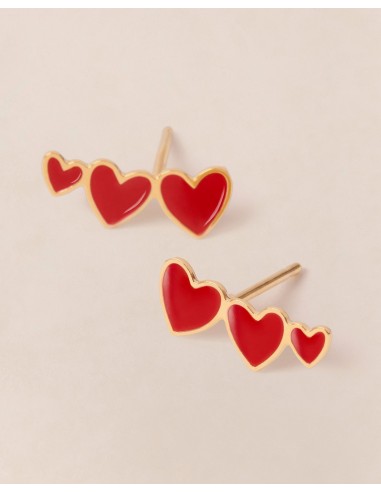 Les boucles d'oreilles Clarisse 3 cœurs rouges - dorées à l'or fin 24 carats de l' environnement